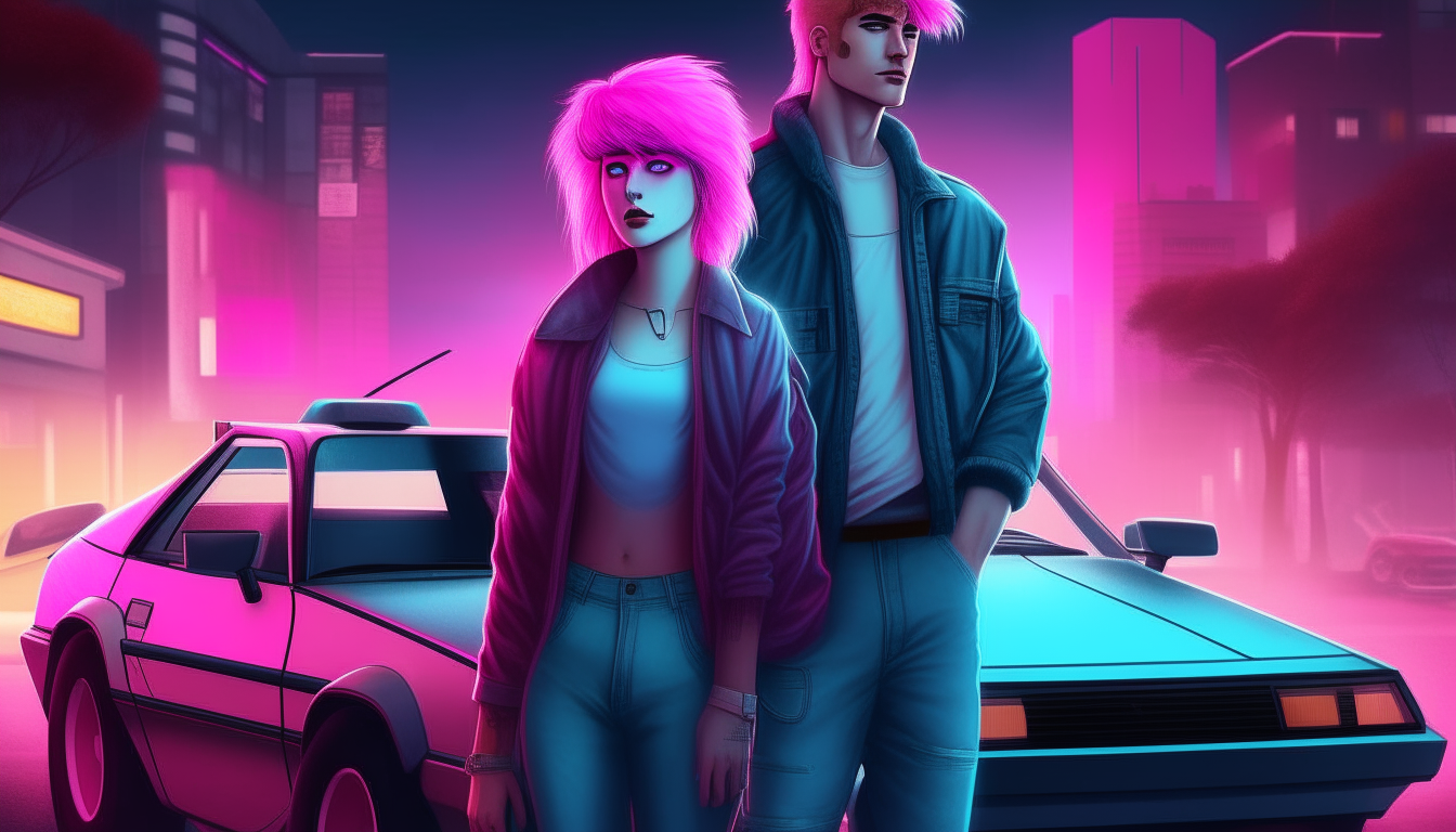 A photorealistic image of an 80s cyberpunk couple with neon blue and pink hair standing in front of a DeLorean car with the doors open in a city at night