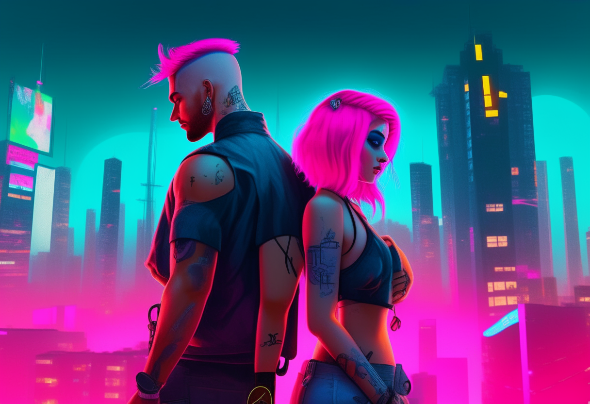 An 80s cyberpunk couple standing in front of a futuristic city skyline, woman has long pink hair, man has a blue mohawk hairstyle and sleeve tattoos, wearing punk clothing, neon blue and neon pink glow in the city lights behind them, trending on artstation, digital art