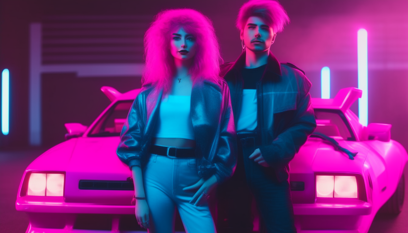 A retro futuristic 80s cyberpunk couple with the woman having long pink hair wearing punk clothing standing in front of a blue DeLorean car with neon blue and pink lights