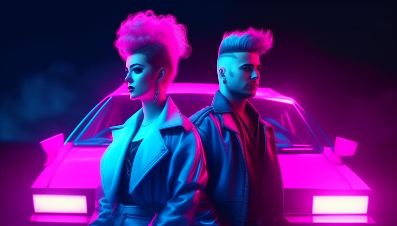 A retro futuristic 80s cyberpunk couple with the man having a blue mohawk wearing punk clothing standing in front of a pink DeLorean car with neon blue and pink lights