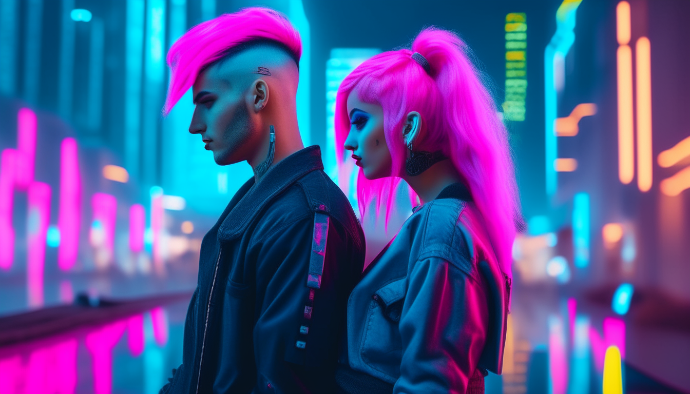 A retro futuristic 80s cyberpunk couple standing in front of a neon cityscape, the woman has long pink hair and the man has a blue mohawk hairstyle, both wearing punk clothing, neon lights in blue and pink colors in the background