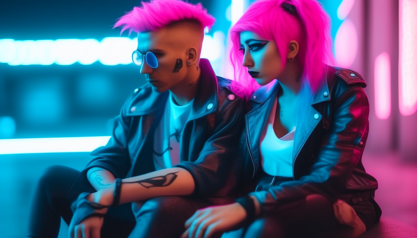 A retro futuristic 80s cyberpunk couple sitting on a bench, the woman has long pink hair and the man has a blue mohawk hairstyle, both wearing punk clothing, neon lights in blue and pink colors in the background