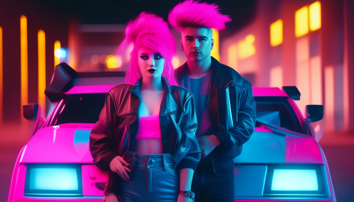 A retro futuristic 80s cyberpunk couple standing in front of a pink DeLorean sports car with the doors open, the woman has long neon pink hair and the man has a neon blue mohawk hairstyle, both wearing punk clothing, neon lights in blue and pink colors in the background