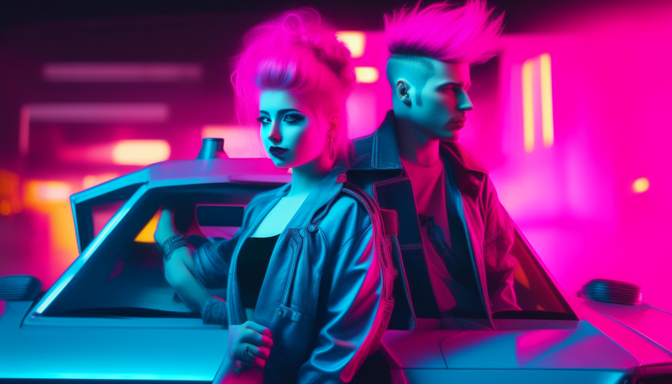 A retro futuristic 80s cyberpunk couple leaning against a blue DeLorean sports car with the doors open, the woman has long neon pink hair and the man has a neon blue mohawk hairstyle, both wearing punk clothing, neon lights in blue and pink colors in the background
