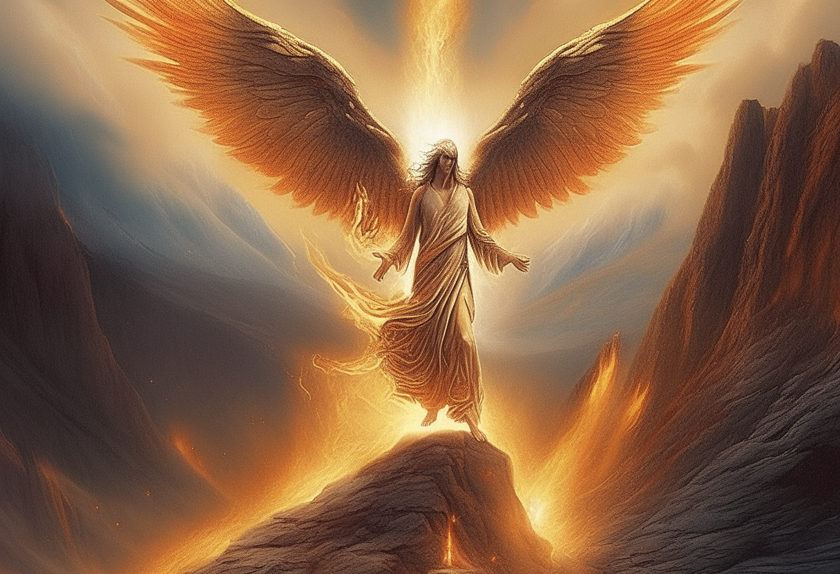 Ark Angel standing in flames on holy mountain