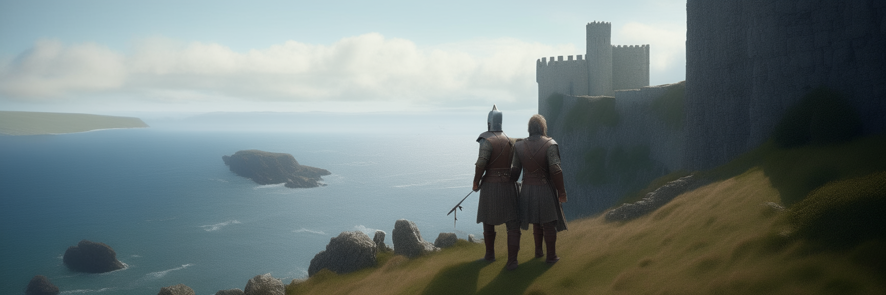 2 medieval warriors travelling on a cliff to a background castle, with viking ships approaching the castle in the ocean