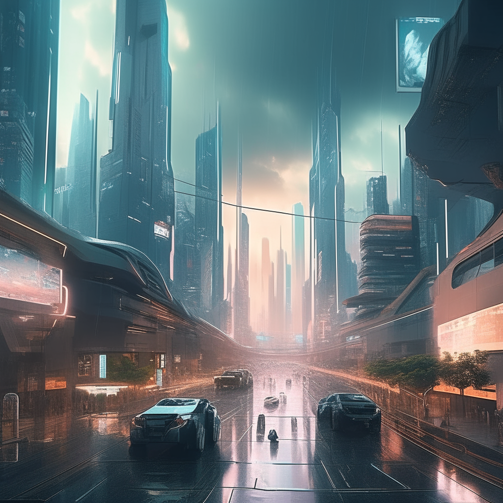a busy intersection in a futuristic cyberpunk city tall glass skyscrapers in the background