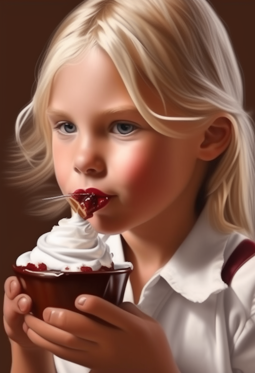 a young girl with blonde hair eating a chocolate ice cream sundae with whipped cream and a cherry on top, photorealistic portrait