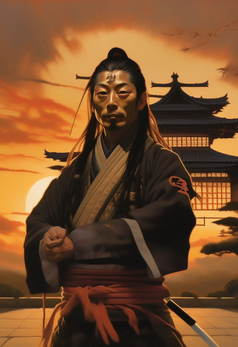 a portrait painting of Miyamoto Musashi, a samurai warrior with long hair tied in a topknot, wearing traditional Japanese clothing, holding two katana swords, standing in front of a temple at sunset