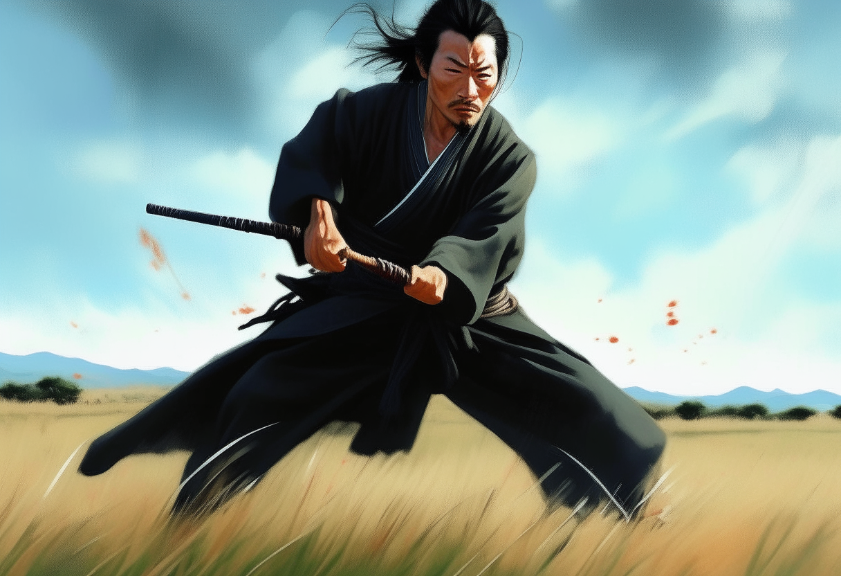 Miyamoto Musashi, a legendary Japanese swordsman, swinging a large obsidian sword powerfully in an open grassy field, digital art painting