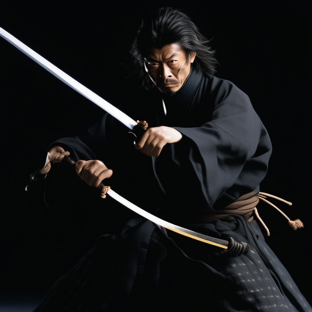 miyamoto musashi swinging an obsidian sword 