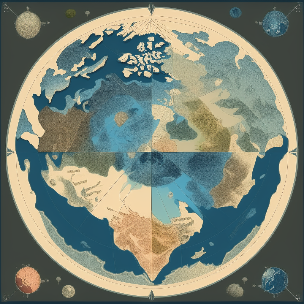 A stylized map of Earth divided into 5 factions with borders, one faction in japan, one in the usa, one in switzerland, one in saudi arabia and one in kyiv, digital art