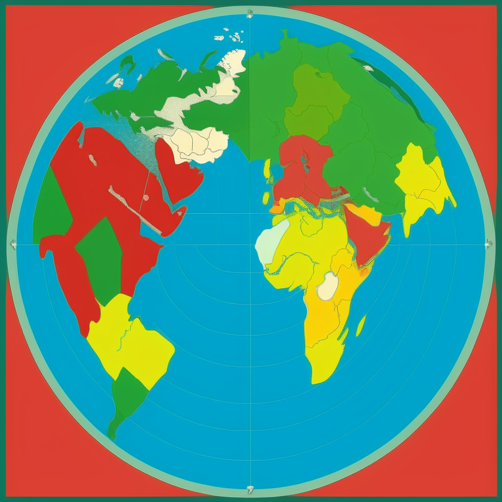 A flat stylized map of Earth divided into 5 colored factions with borders, one red faction in Japan, one blue faction in the USA, one green faction in Switzerland, one yellow faction in Saudi Arabia and one cyan faction in Kyiv