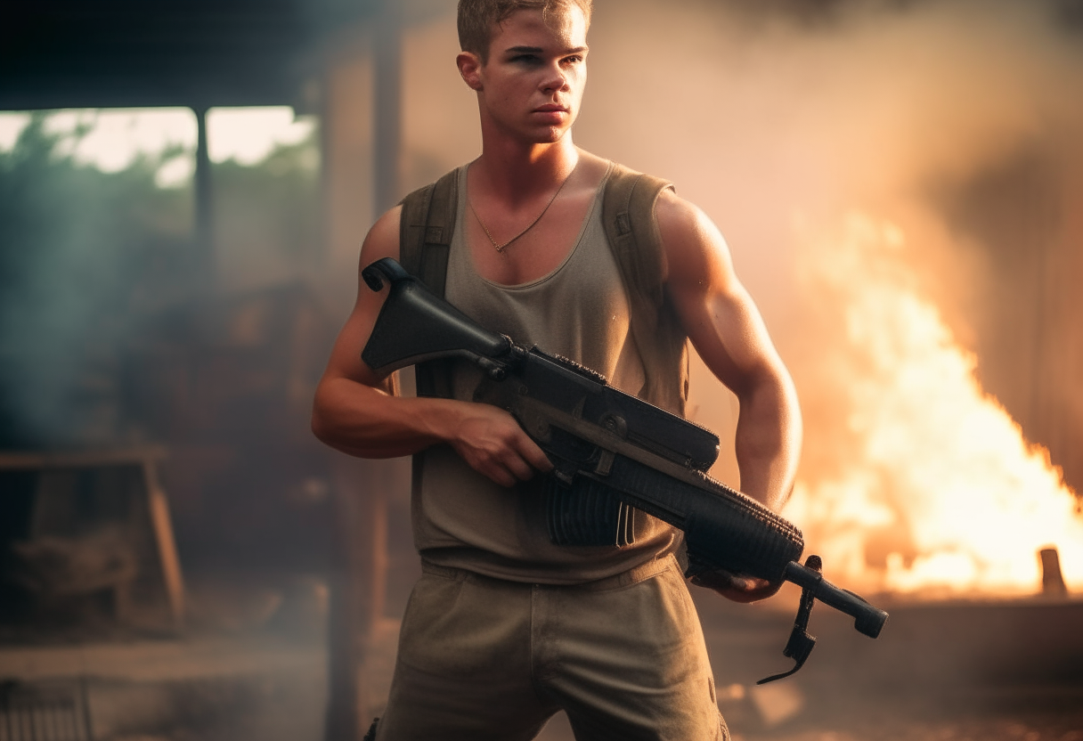 A young American in his  20s on  a dirty singlet and jeans holding a machine gun. Fire burning behind him