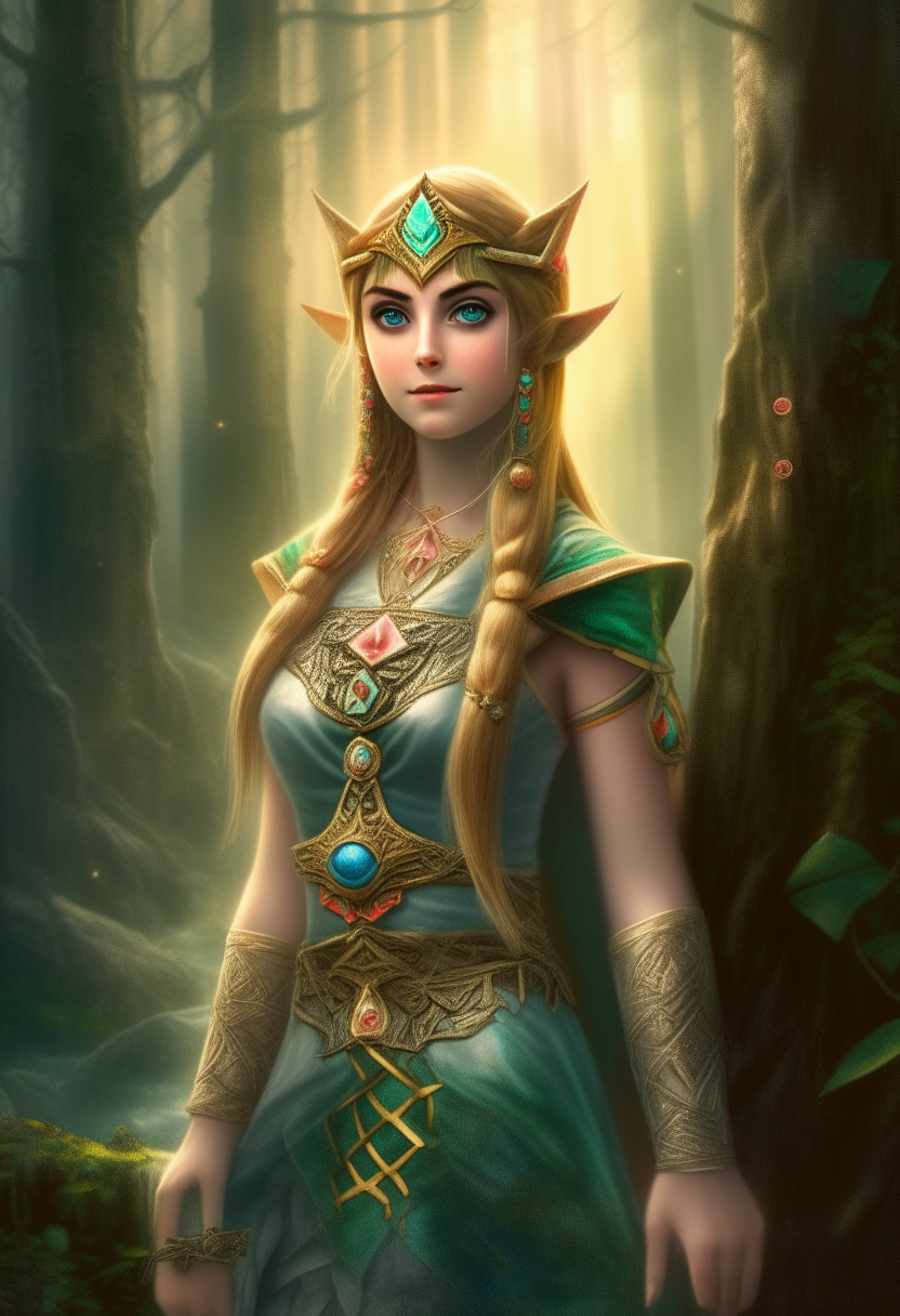 portrait painting of princess Zelda from The Legend of Zelda game series, standing in a fantasy forest setting, highly detailed digital art