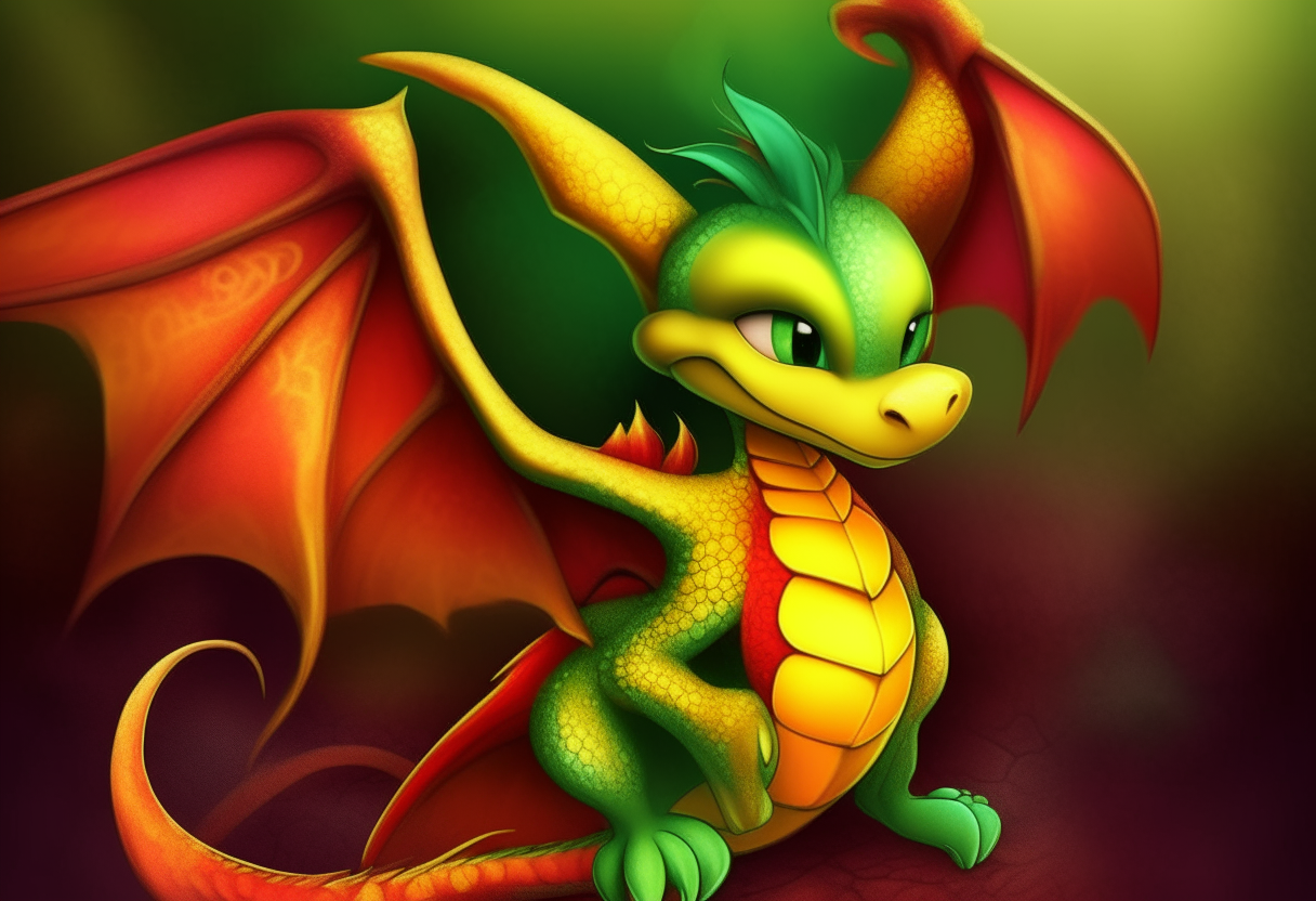 Mickey Mouse from Disney as a red and yellow dragon with large wings, green eyes, and shiny scales, digital art painting