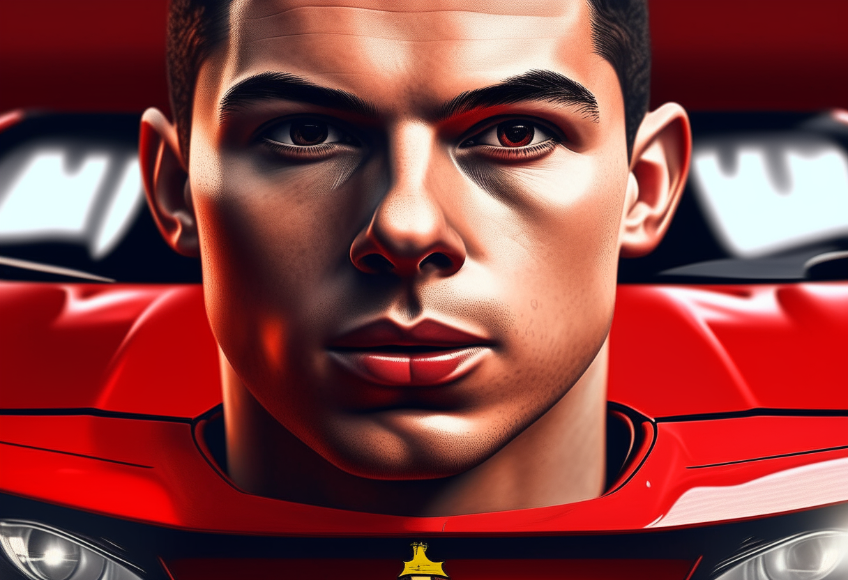 Cristiano Ronaldo's face on the front of a red Ferrari sports car, digital art painting, photorealistic