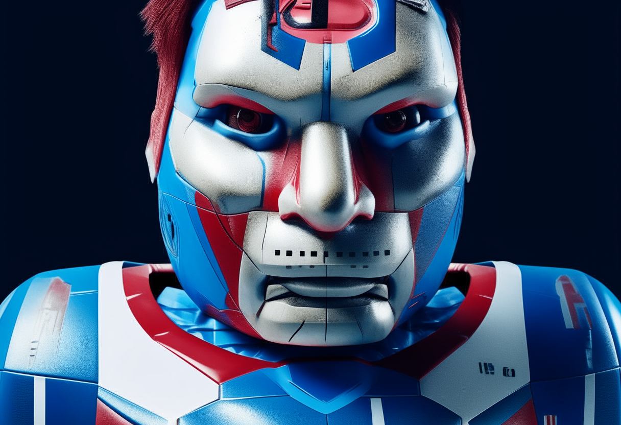 Lionel Messi's face on a blue and red Transformer robot body holding a soccer ball, photorealistic