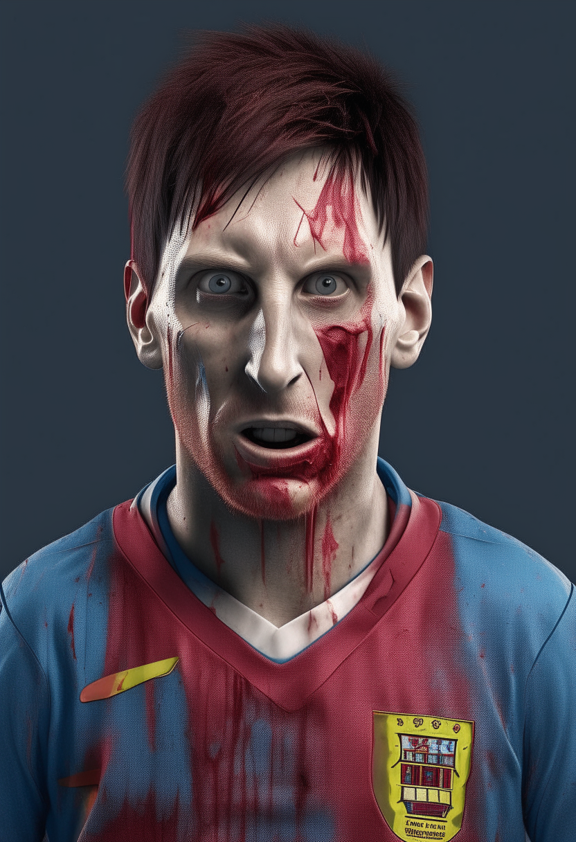 a zombie version of soccer player Lionel Messi wearing a ripped Barcelona jersey, detailed gory face, photorealistic