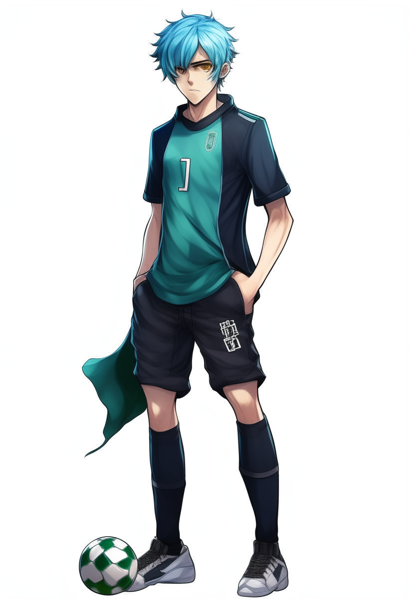 A full body portrait of soccer player Kai Havertz depicted as an anime character with spiky blue hair, green eyes, wearing a black and blue uniform, highly detailed digital painting in anime art style