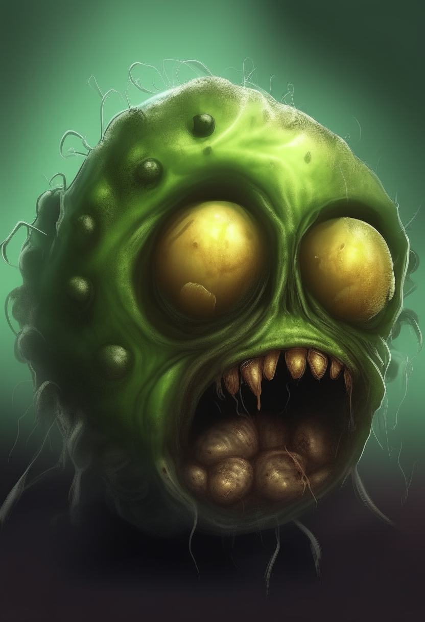 A creepy zombie potato with hollow eyes, rotten green skin, and a horrified expression, highly detailed digital art painting