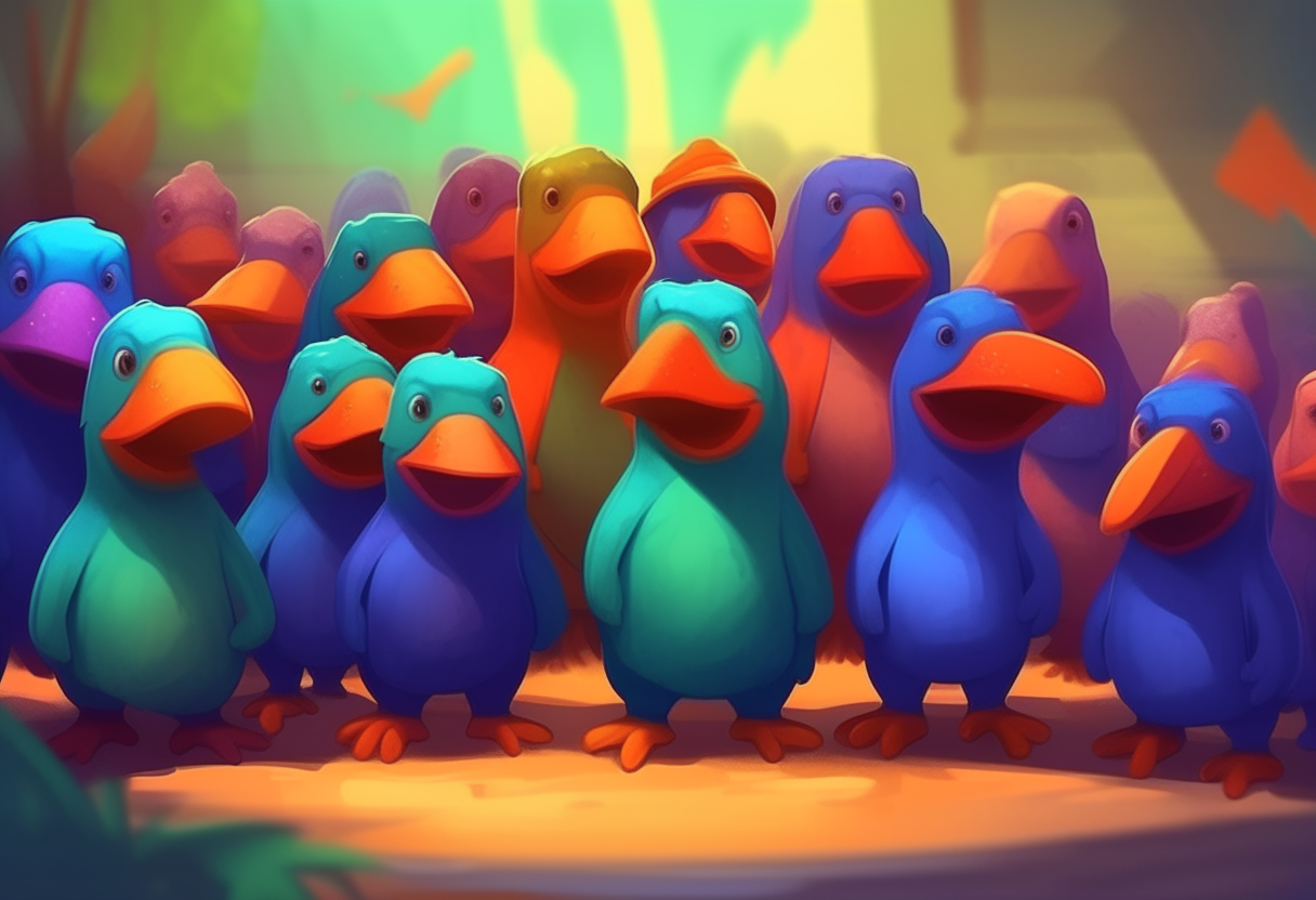 A group of anthropomorphic platypus characters wearing colorful clothes, standing in a crowd and talking happily, digital art painting in a cute cartoon style