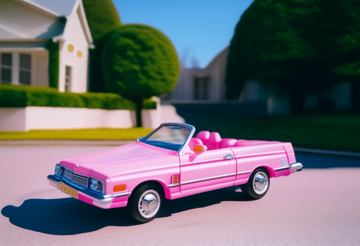 A pink plastic toy convertible car with white wheels, designed for Barbie dolls. The car is parked on a driveway next to a suburban house. Blue sky in the background.