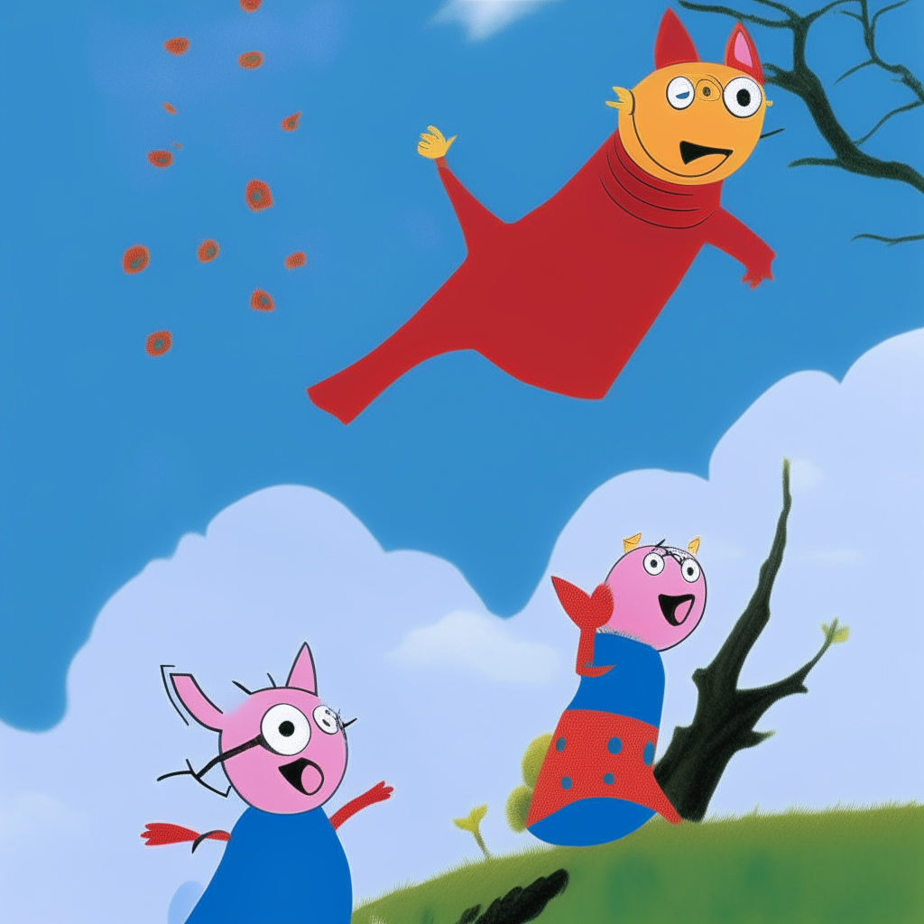 Peppa Pig wearing a red cape and blue superhero mask, flying through the sky and rescuing a cat from a tree.