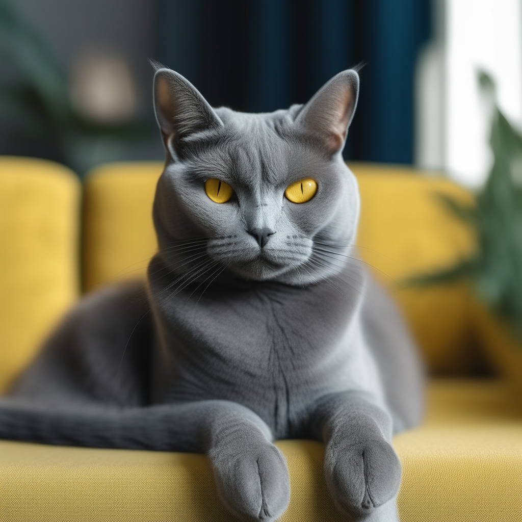 A blue cat with yellow eyes sitting on a couch and looking at the camera