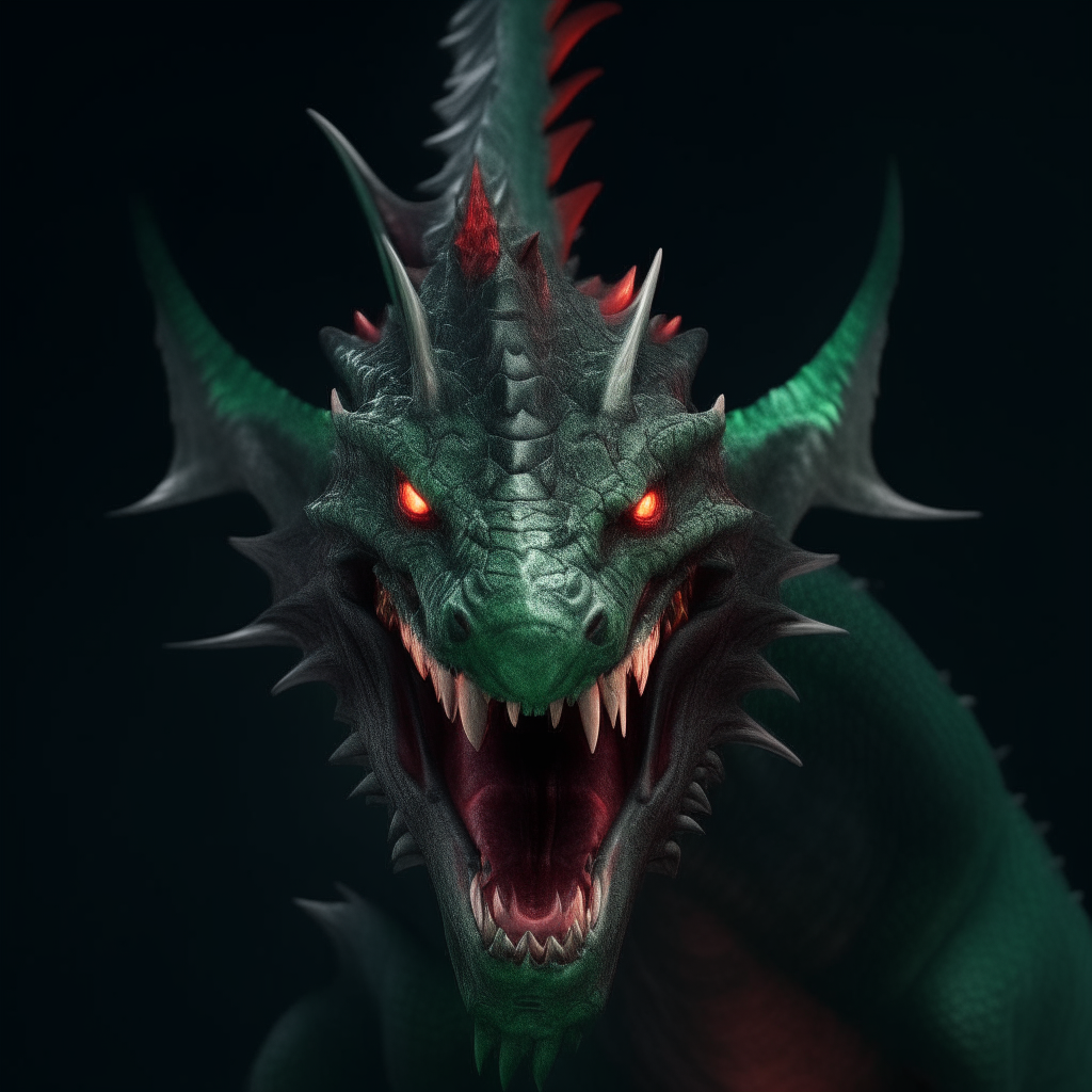 A large green evil dragon with glowing red eyes, black spikes on its back, and sharp teeth, rendered as a scary textured 3D model