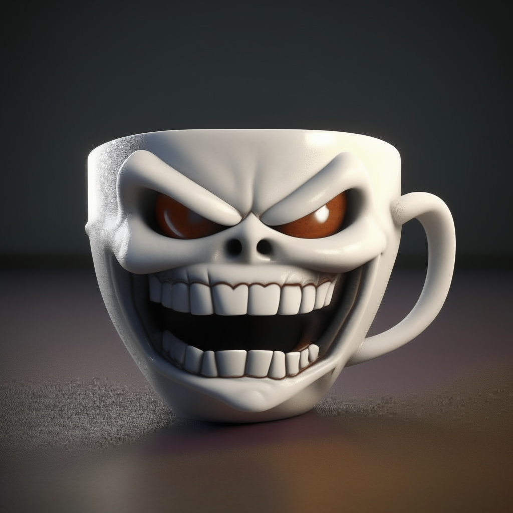 An anthropomorphic coffee cup with an evil facial expression, sharp teeth, and angry eyebrows, rendered in 3D as a scary Halloween decoration