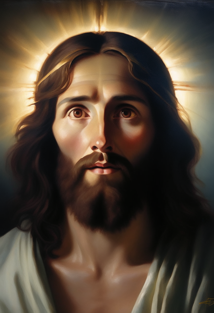 a portrait painting of Jesus Christ with a halo