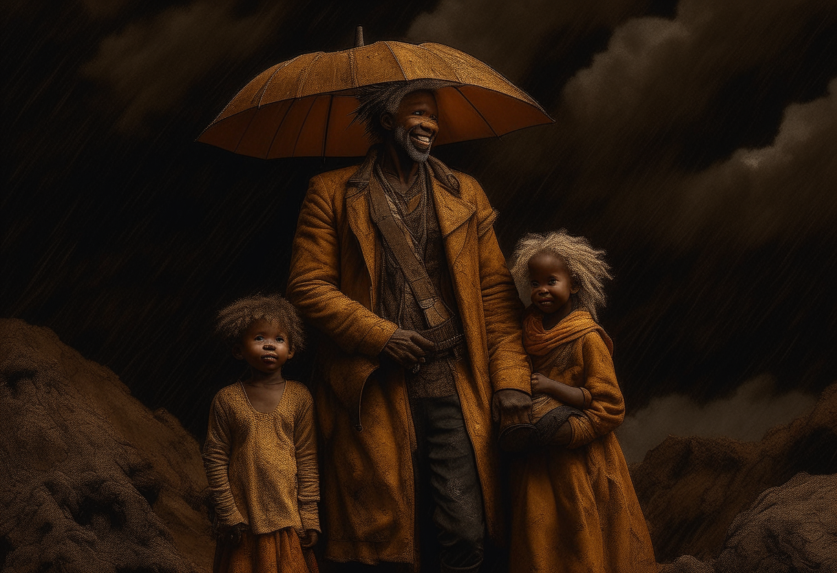 Create an abstract painting of an African man protecting his family from the storms of life