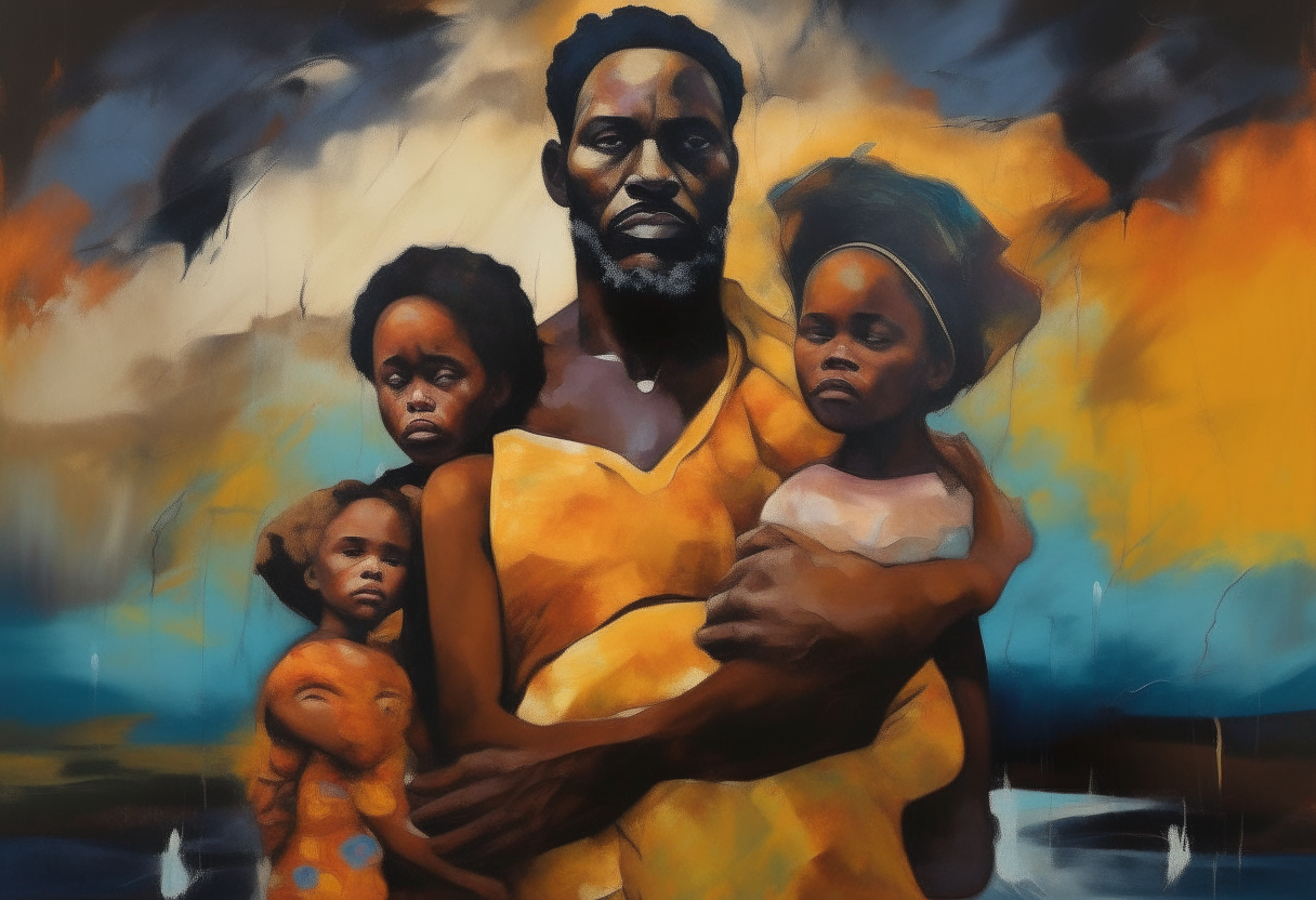 Create an abstract painting of an African man protecting his family from the storms of life