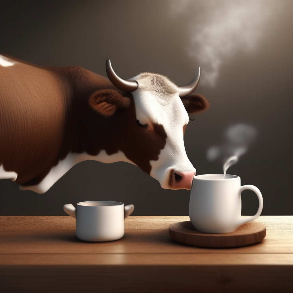 a brown and white cow pouring steaming hot coffee from a kettle into a white ceramic mug on a wooden table photorealistic