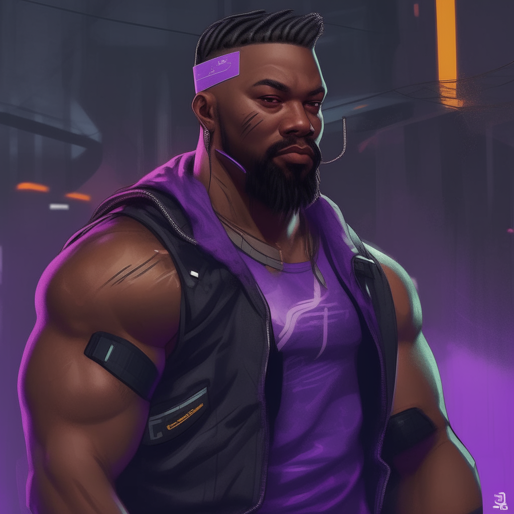 An ebony male bodybuilder in a cyberpunk Edgerunner style wearing a purple baseball uniform and having a beard, digital art painting by artist Yoh Yoshinari