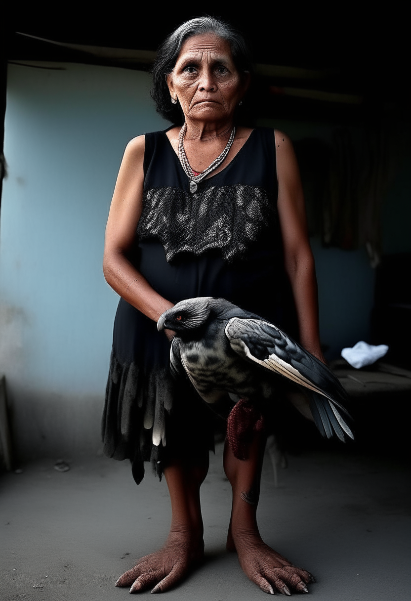 an evil woman from El Salvador, with bird legs and terrifying