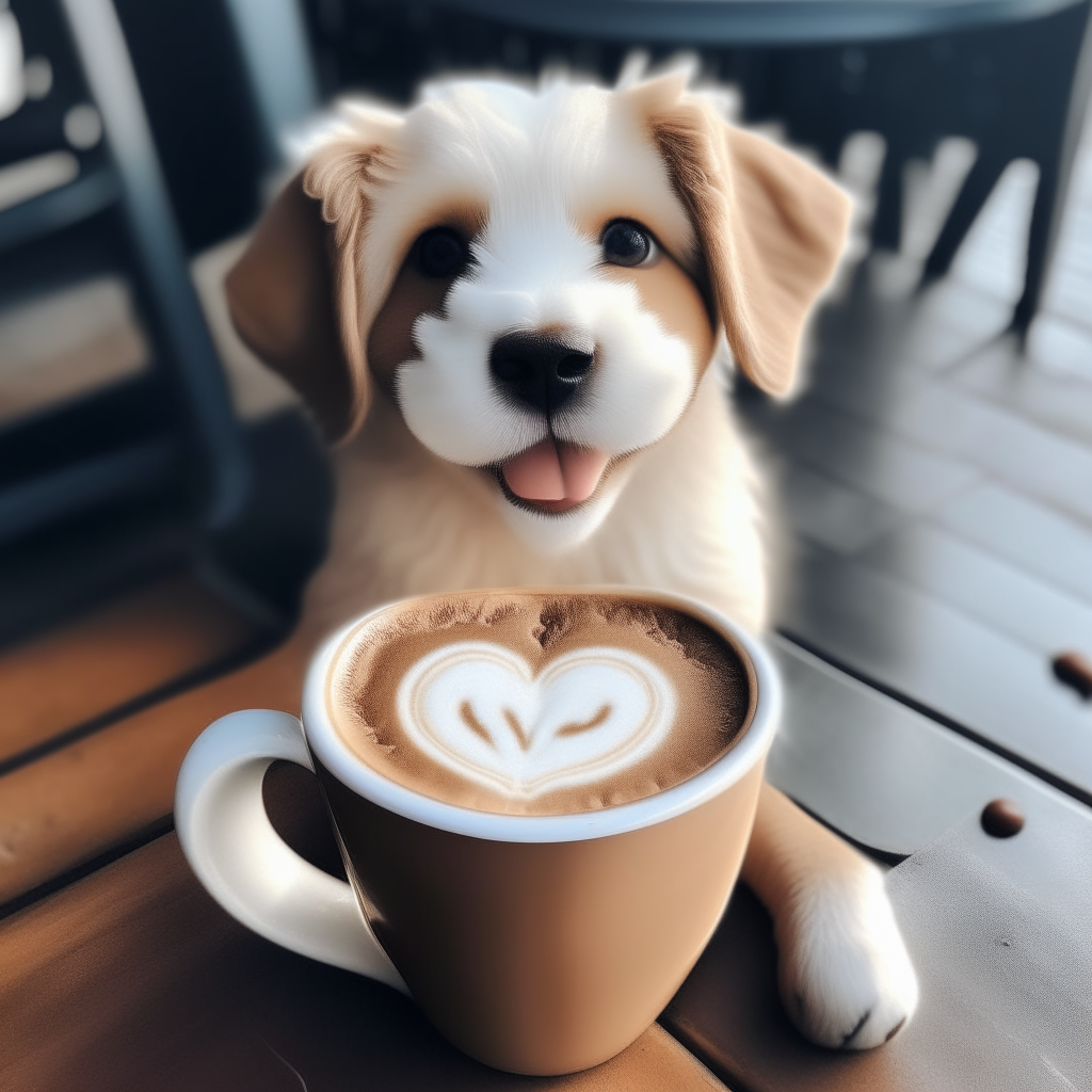 a happy puppy drinking a latte with heart-shaped foam art