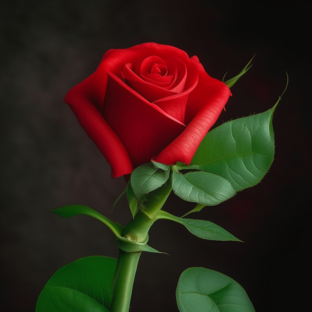 a photo of a red rose with a green stem and leaves