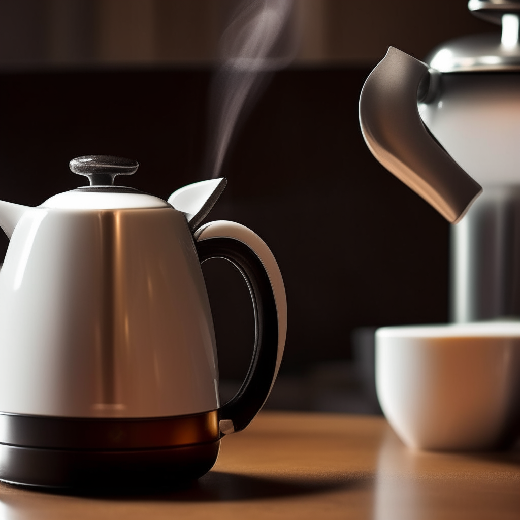 A stainless steel tea kettle with a black handle and spout pouring steaming hot light brown tea into a white ceramic coffee mug with a glossy finish.