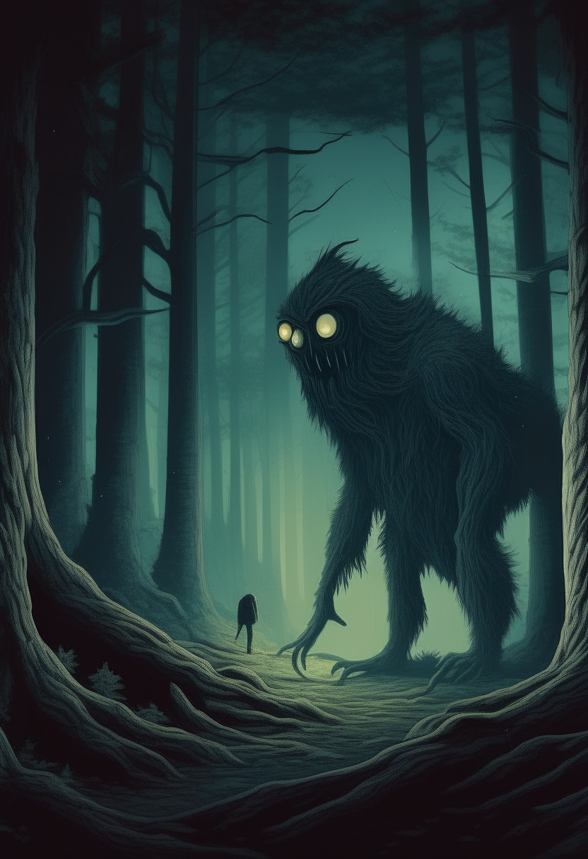 A large forest at night a mysterious Creature is seen