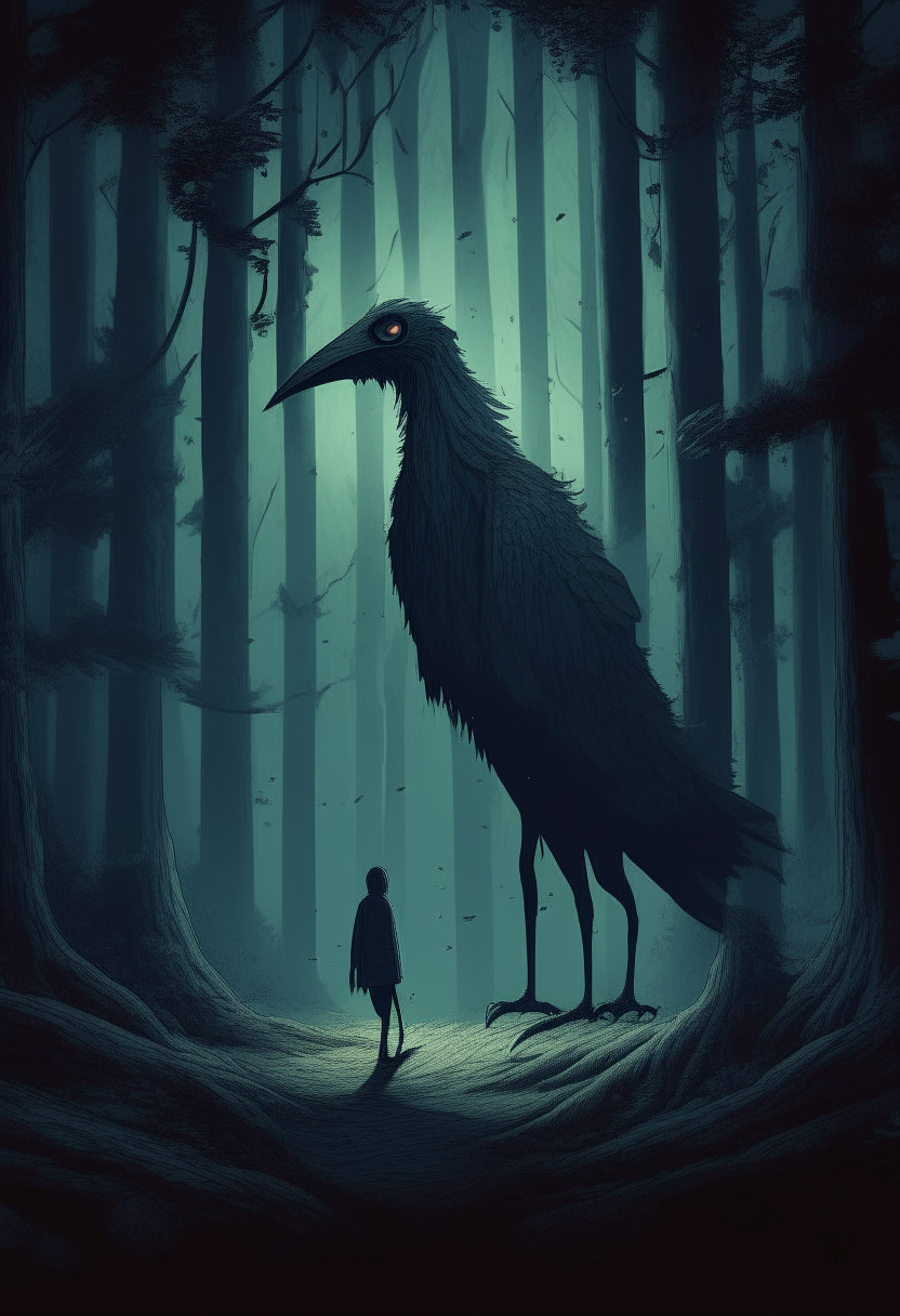 
A large forest at night is seen a mysterious creature half human and half bird legs