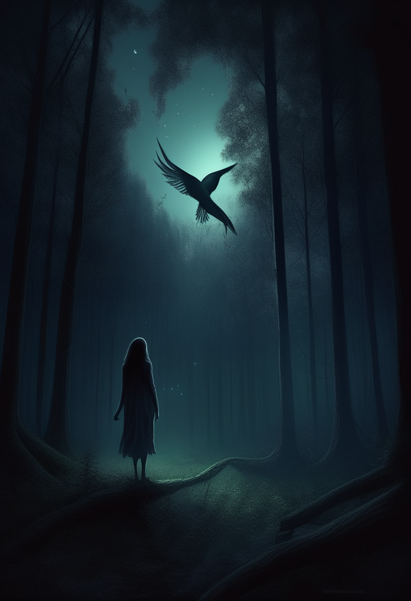 
A large forest at night sees a mysterious bird-legged woman, HD