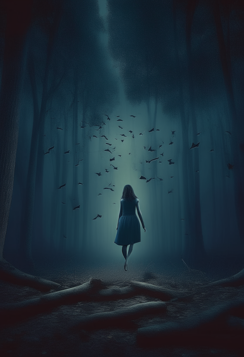 
A big forest at night a mysterious woman with bird feet (instead of legs), HD