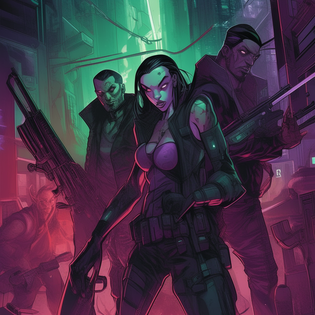 A comic book cover with characters holding futuristic weapons, rendered in dark violet, red and dark green tones, with a focus on the joints and connections between mechanical elements, in an urban cyberpunk style inspired by the Nul group and urban edge art movements, high quality digital painting