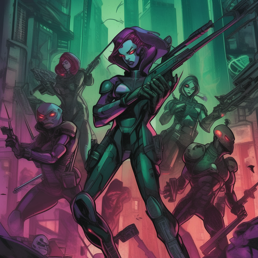 A comic book cover with characters holding futuristic weapons separated into two opposing sides, rendered in dark emerald, crimson and purple tones, with stylized violence and a focus on the joints between mechanical elements, in the styles of urban edge art and Group Zero, digital painting