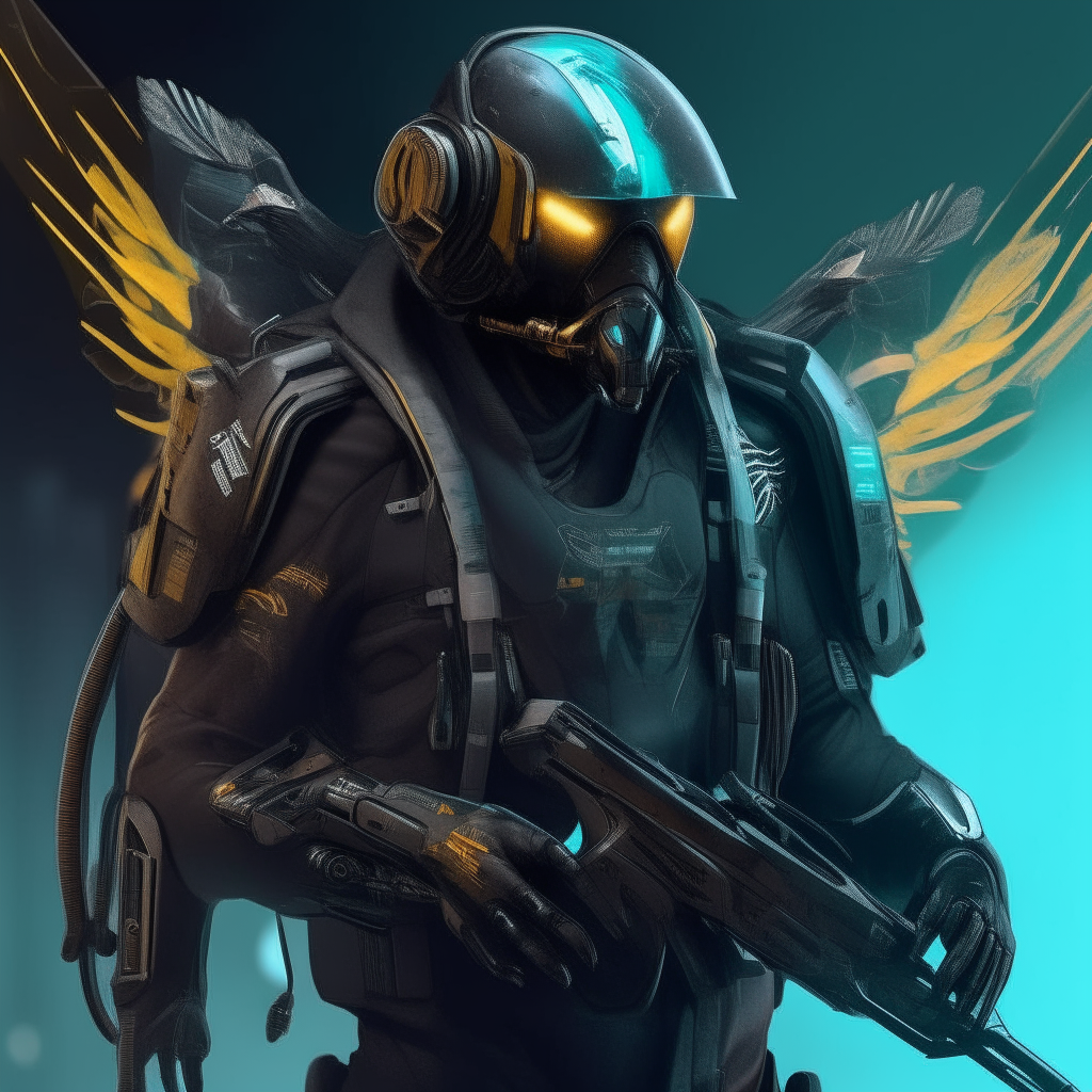 A futuristic cyberpunk soldier as a human-eagle hybrid wearing a jetpack and helmet A futuristic cyberpunk soldier as a human-shark hybrid wearing diving gear and holding a harpoon gun