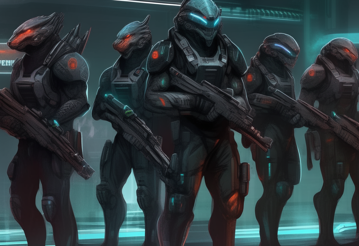 A squadron of 8 futuristic cyberpunk soldiers in a row, whom are large hulking human-shark hybrids, showing their sharp teeth and fins, carrying large plasma rifles, wearing dark armor with tubing, rendered in vivid color