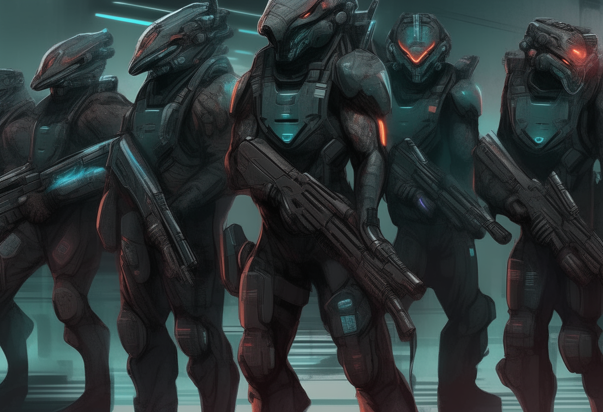 A squadron of 8 futuristic cyberpunk soldiers in a row, whom are large hulking human-shark hybrids, showing their sharp triangular teeth and gills on their necks, carrying large plasma rifles, wearing dark armor with tubing, rendered in vivid color