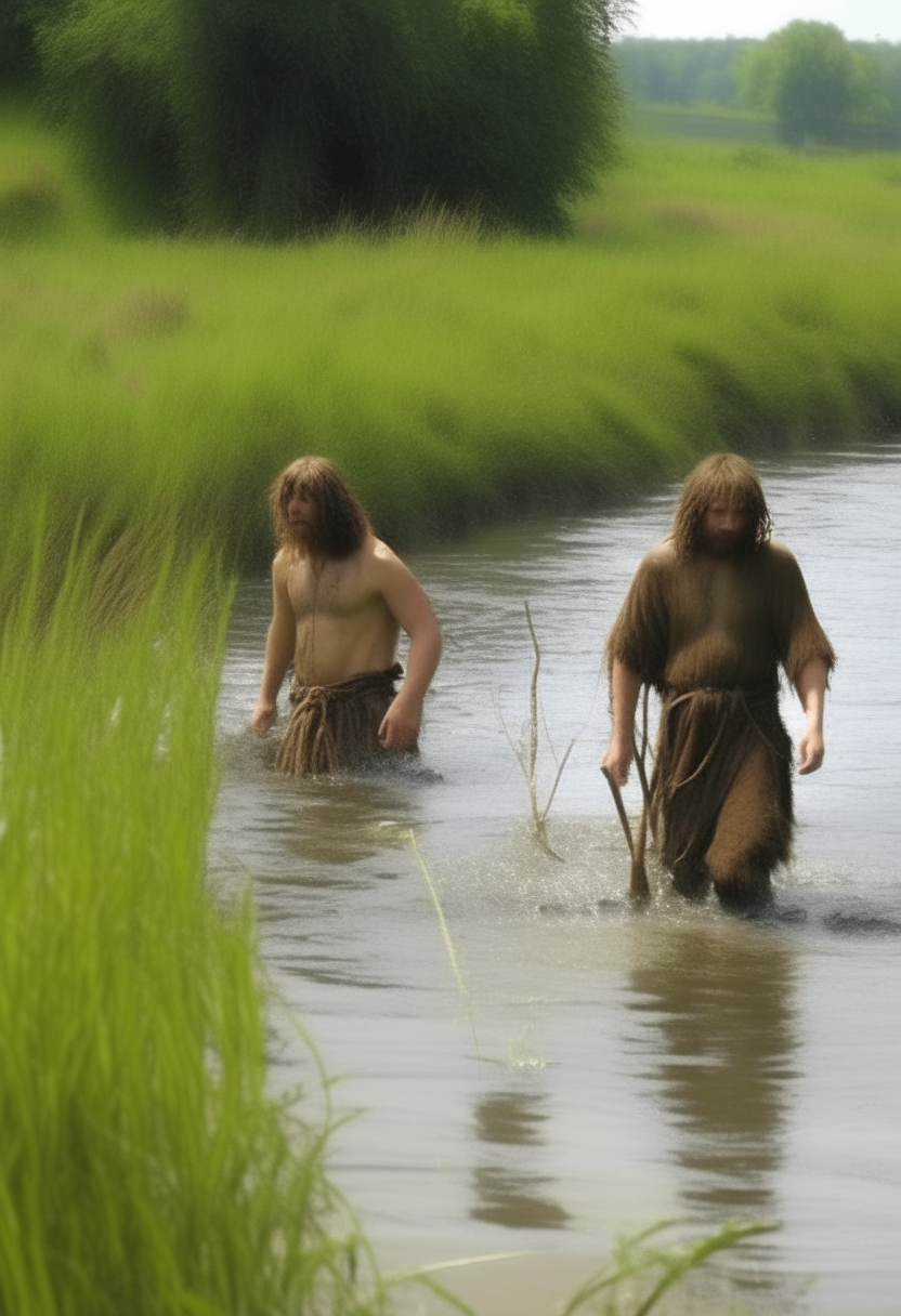 
In a river, a human-like being with thick hair, a somewhat hairy body, is inside the water. There are peasants walking near the river through the grass